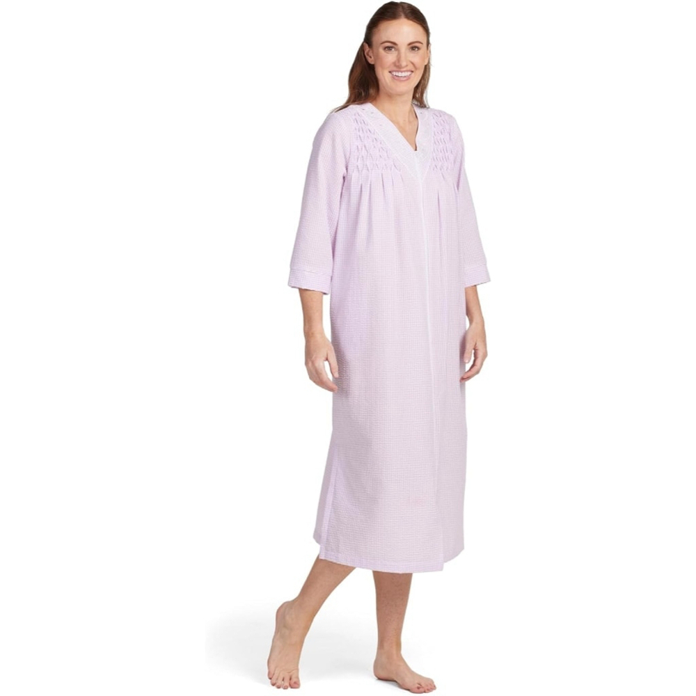 Miss Elaine Women's Large Purple & White Checkered 3/4-Sleeve Zip-Up Robe NWT